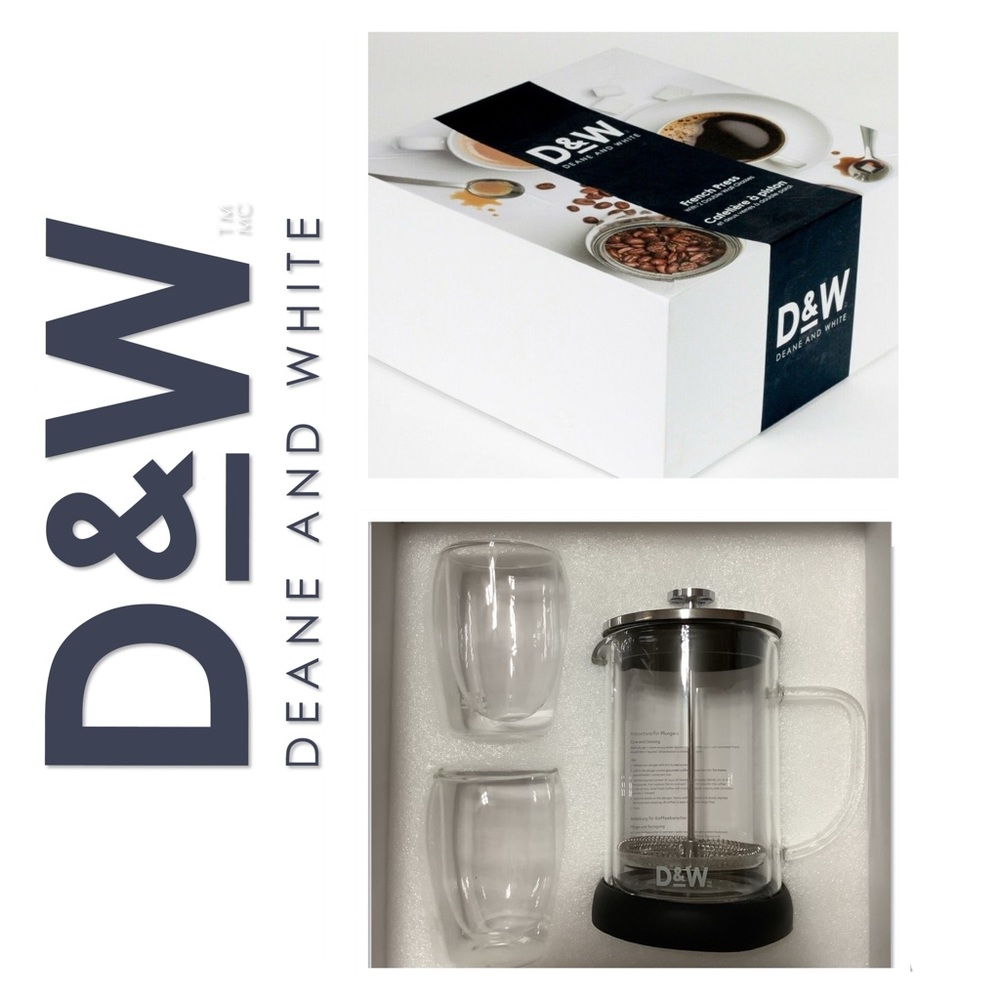 🐘 Deane & White French Press with Two Double Wall Coffee Mugs